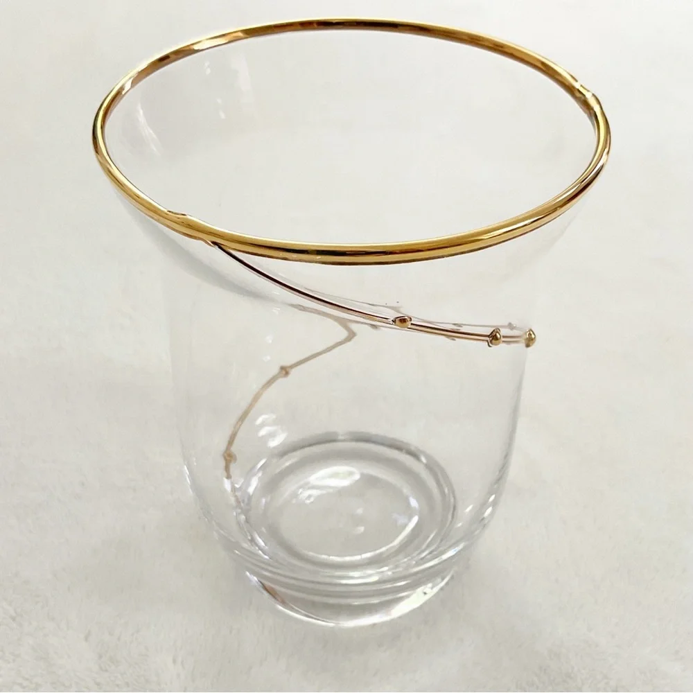 Vintage Pier 1 Clear Blown Glass Vase Gold Rim Spiral Swirl Accent 6”